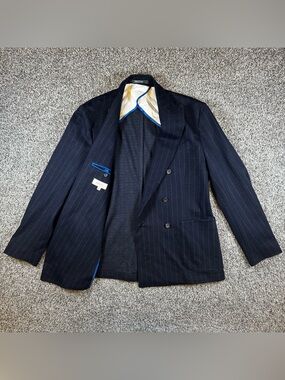Hagen Carmel Men’s 44 Navy Chalkstripe Double Breasted Sport Coat Blazer Italian